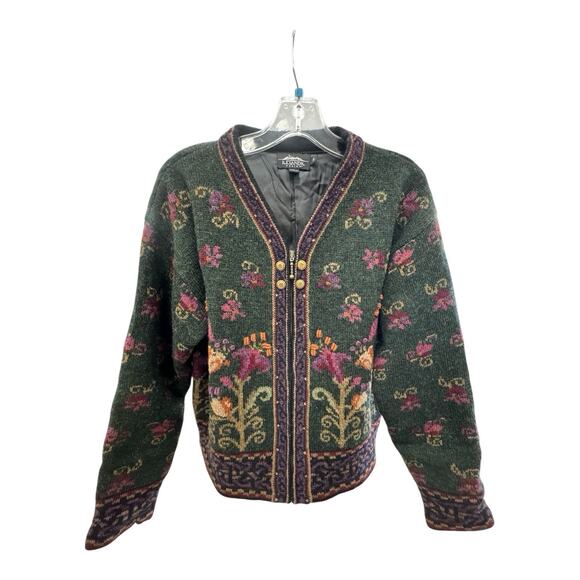 Icelandic Design Sweaters - Vintage Icelandic Black Design Daylily Floral Wool Cardigan Nordic Fair Isle